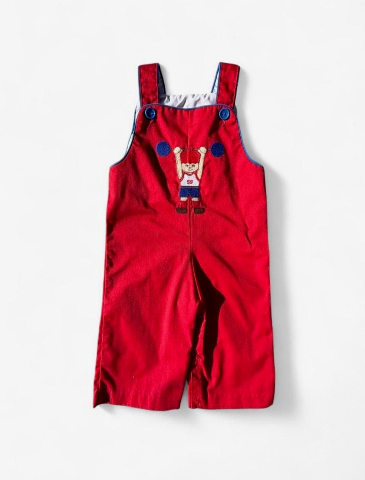 Vintage Boys Red Corduroy Overalls w/Weightlifting Embroidered Appliqué 18-24M