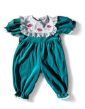 Vintage Coming Thing Girls Teal Velour Romper with Lace & Floral Collar 9-12M