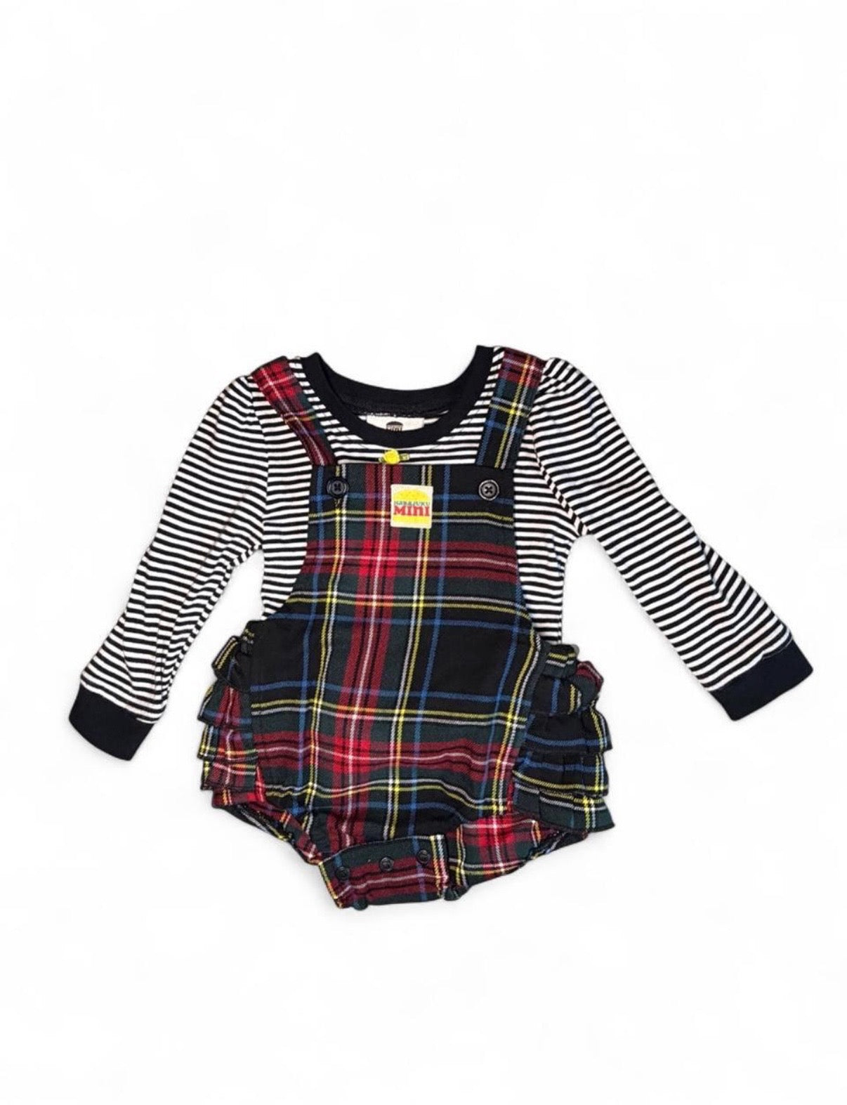 Harajuku Mini 20th Anniversary Collection Plaid Romper with Striped Long Sleeve Shirt 12M