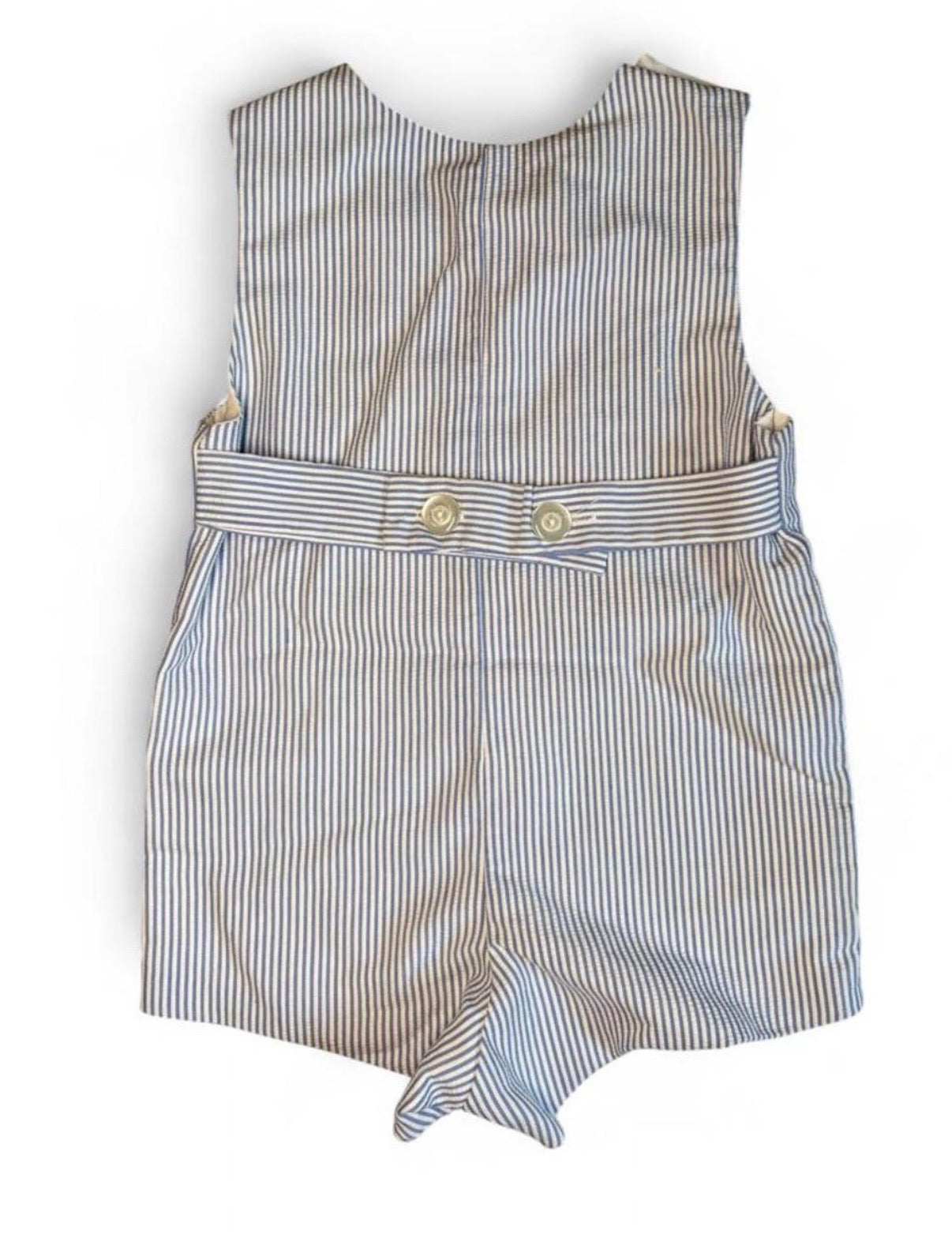 Kelly’s Kids Blue & White Seersucker Striped Romper with Personalized Train Appliqué and Matthew Embroidery 9-12M