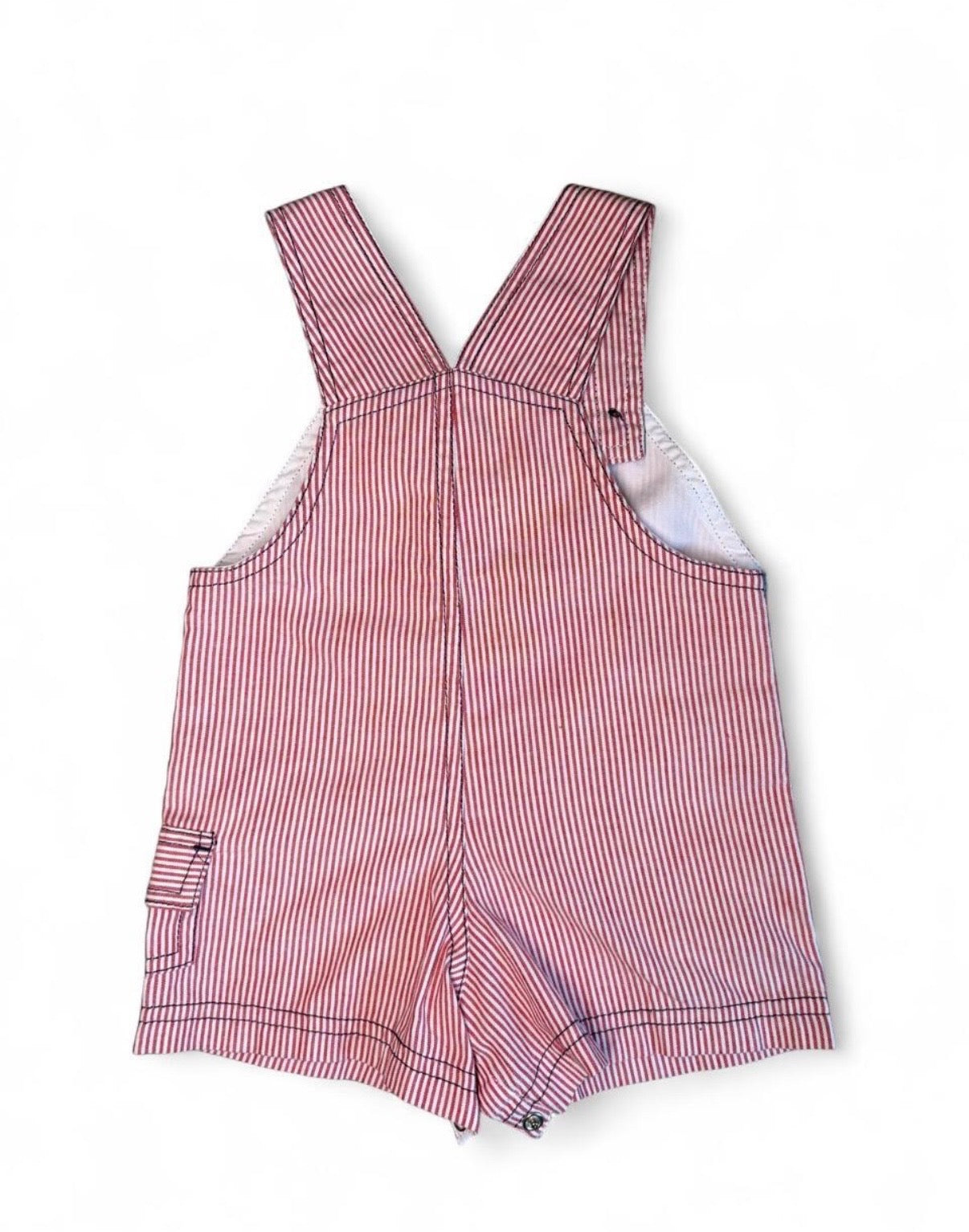 Vintage Baby Boy Red and White Striped Shortalls with USA patriotic Bear Appliqué 9-12M