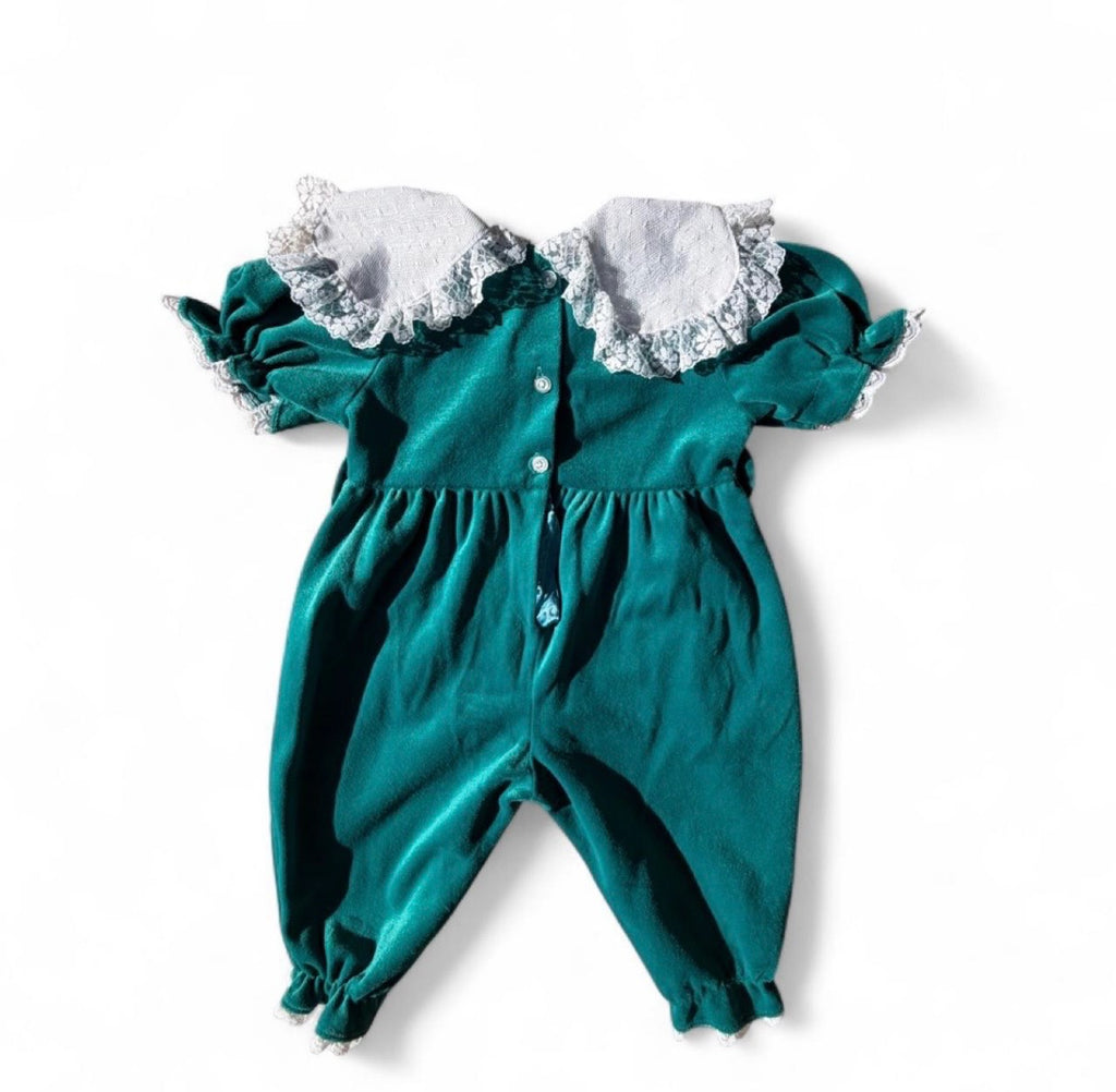 Vintage Coming Thing Girls Teal Velour Romper with Lace & Floral Collar 9-12M