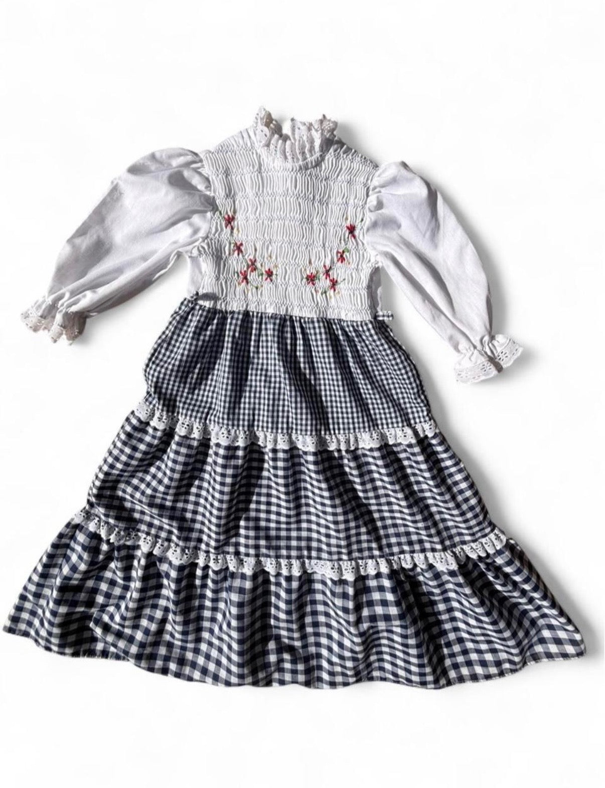 Vintage Kids Girls Gingham Prairie Dress w/Smocked Bodice and Flower Embroidery