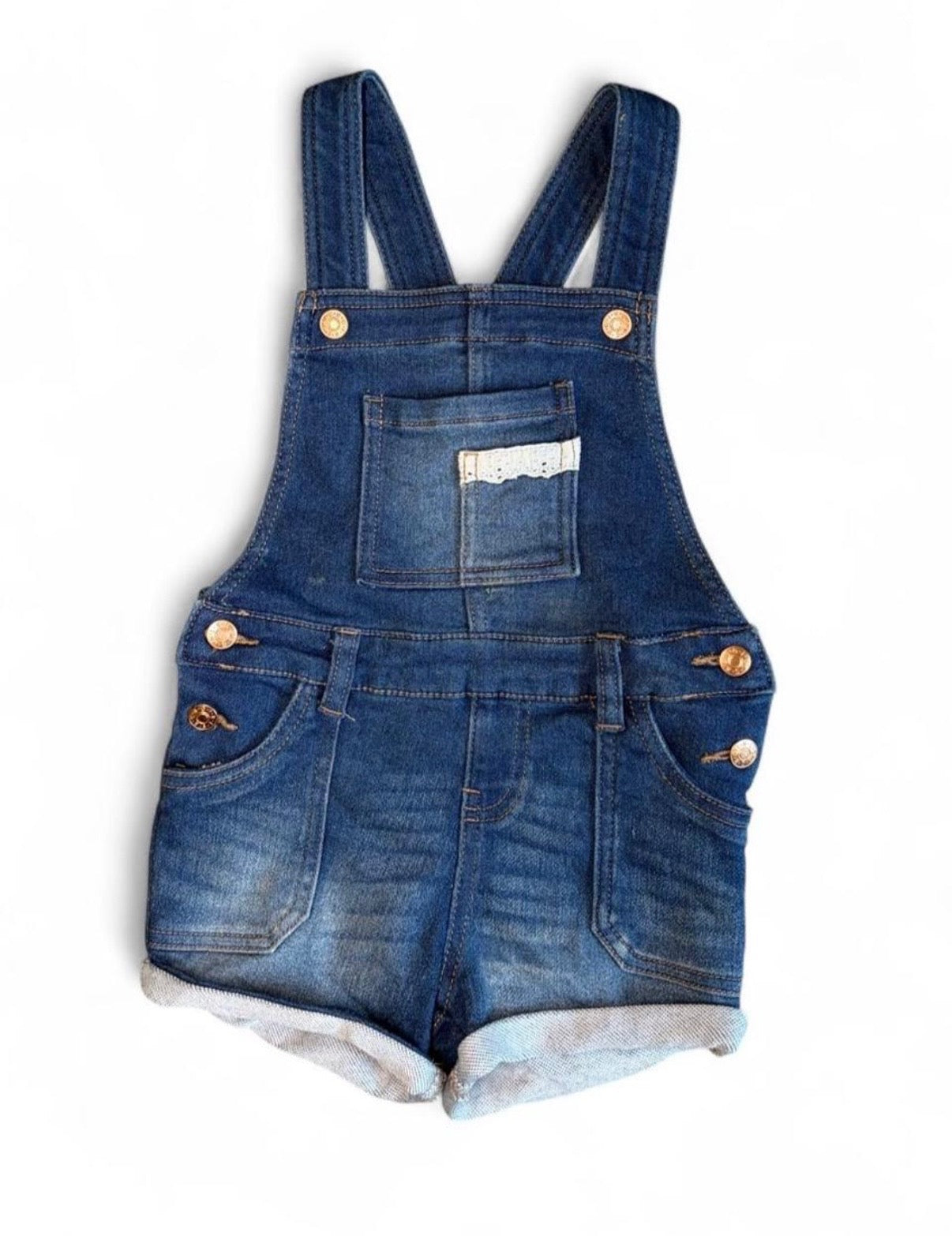 BCBG Girl Denim Short Overalls with Lace Pocket Details 3T