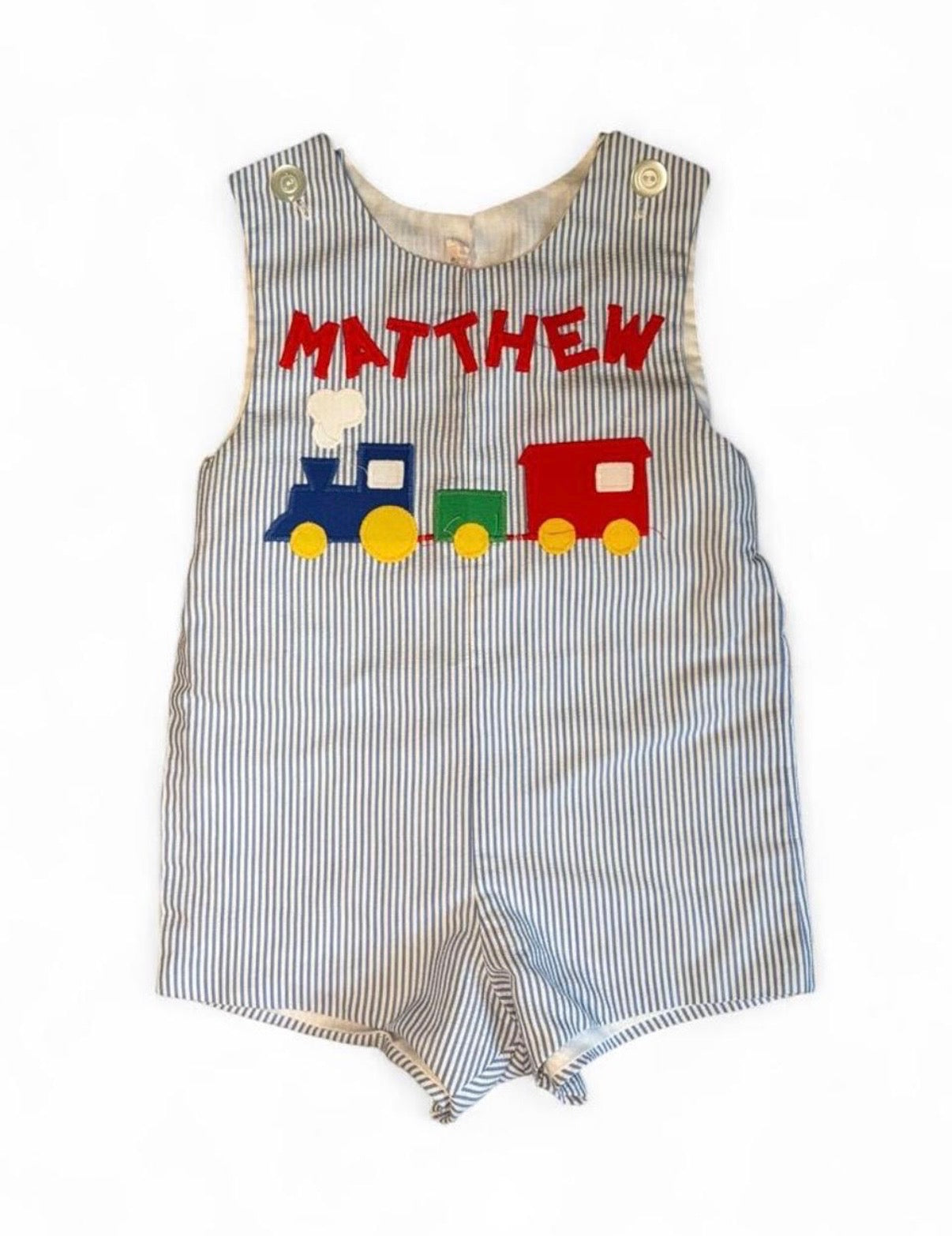 Kelly’s Kids Blue & White Seersucker Striped Romper with Personalized Train Appliqué and Matthew Embroidery 9-12M