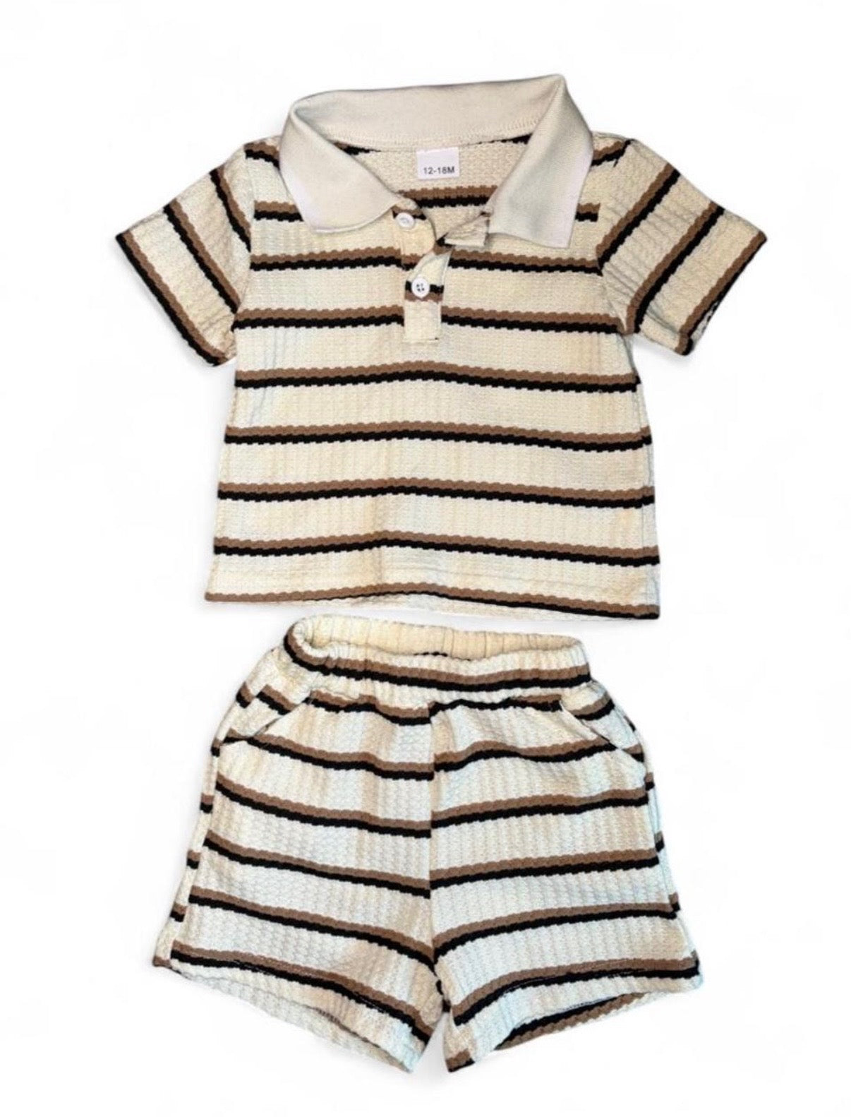 Baby Boys 2 Piece Striped Waffle Knit Collard Shirt and Shorts set 12-18M