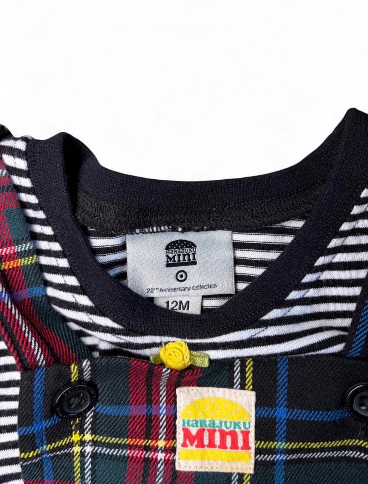 Harajuku Mini 20th Anniversary Collection Plaid Romper with Striped Long Sleeve Shirt 12M