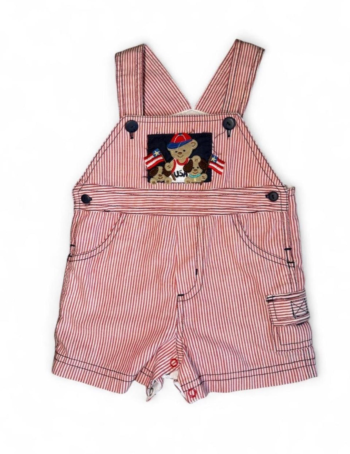 Vintage Baby Boy Red and White Striped Shortalls with USA patriotic Bear Appliqué 9-12M