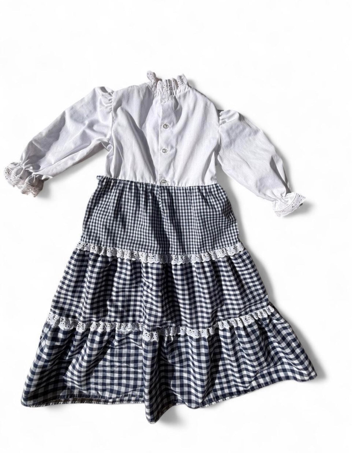 Vintage Kids Girls Gingham Prairie Dress w/Smocked Bodice and Flower Embroidery