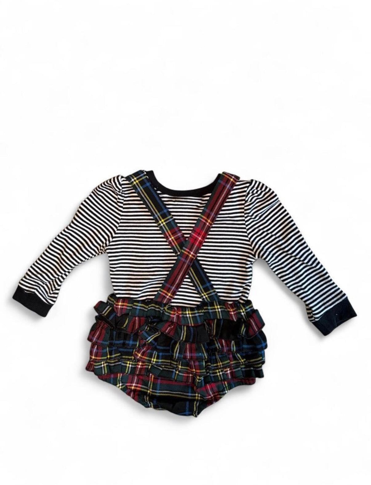 Harajuku Mini 20th Anniversary Collection Plaid Romper with Striped Long Sleeve Shirt 12M