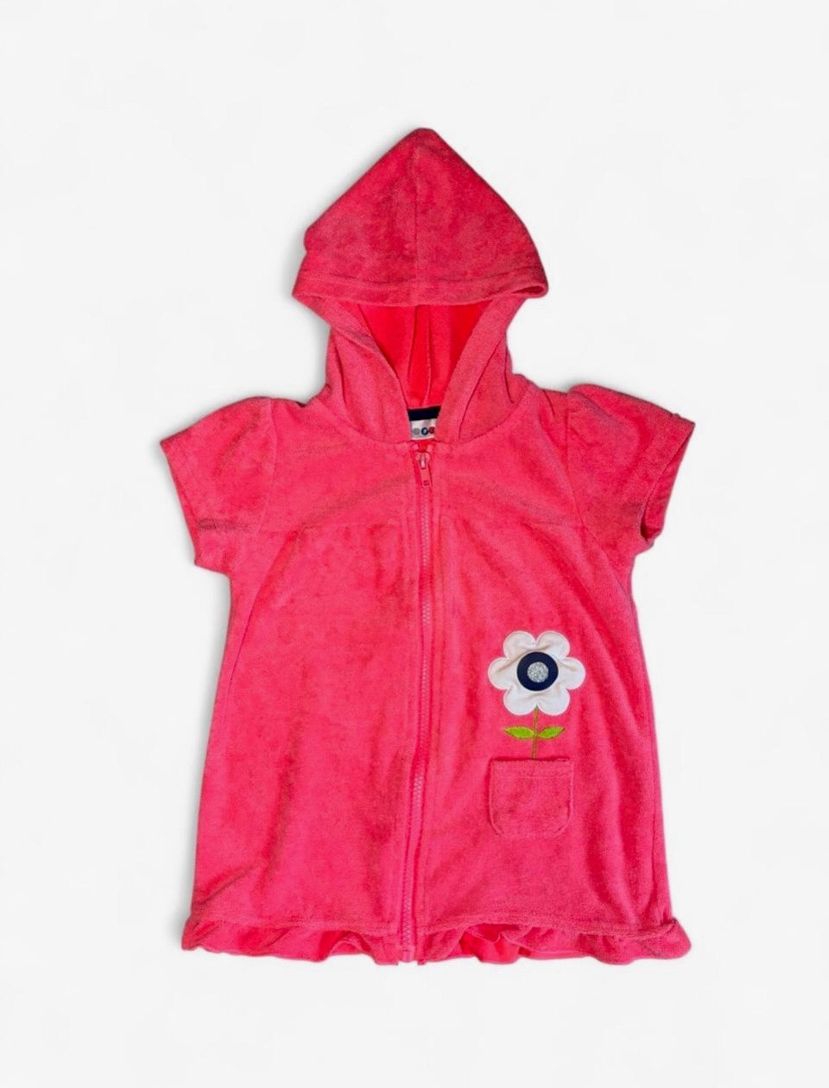 Wippette Toddler Girl Pink Terry Cloth Zip-up Cover-Up Hoodie with Flower Appliqué 4T